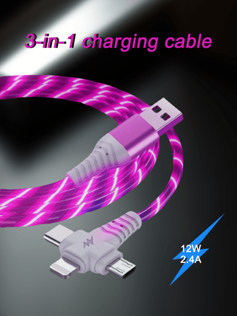 这款 LED 发光快充数据线采用耐用编织结构。这款三合一快充数据线支持 USB-C 转 Lightning/Type-C/Micro USB 接口。兼容 Apple 16/15 系列和 Galaxy 设备。非常适合在办公室、家中和旅行中使用。