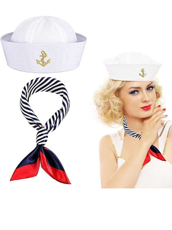 2pcs Set Yacht Captain Hat, Sailor Hat, Scarf, Men & Women Sailor Costume Party Accessories (White, 2pcs)