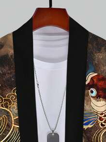 男式锦鲤印花和服风格休闲沙滩衬衫 - 芥末黃 - 查看 5