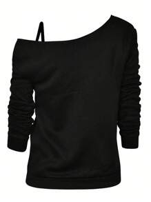 Off-Shoulder Top, Sexy Long-Sleeve T-Shirt With One Shoulder Exposed, Holiday-Style Loose Casual T-Shirt - 黑色 - 查看 7