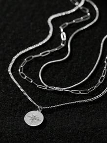 3 Stück/Set Edelstahl Schlangenknochen Kette mit quadratischer Büroklammer Mehrschicht Tragedesign, runder Sonnenblumen Cubic Zirkonia Anhänger, geeignet für den täglichen Gebrauch von Frauen (zufälliger Kettenverschluss & Perlenanzahl)