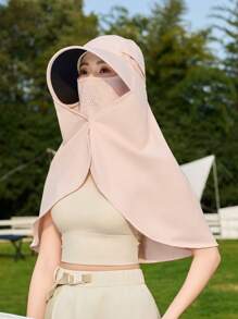 1pc Solid Color Large Brim Hat With Detachable Face Mask, Shoulder Cape For Sun Protection Polyester, Spring Season