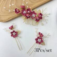 2/3/4 piezas Pasador de pelo con flores y perlas de imitación para mujer, y 1 peineta para bodas, fiestas, tocados estilo bohemio