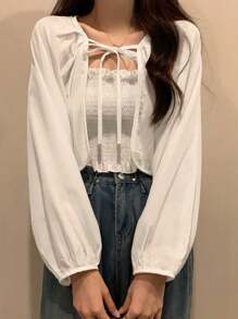 Bộ 2 món áo cánh dài tay rộng rãi đa năng màu trơn mùa hè có áo hai dây tích hợp cho nữ - trắng - Xem 4
