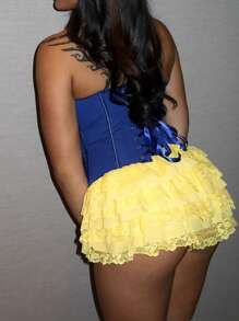 Apperloth A 复古系带前开后系带塑形胸衣上衣，女士不对称设计，金属孔眼，系带腰身纯蓝色休闲露脐上衣，春夏款，性感音乐节必备 - 藍色 - 查看 2