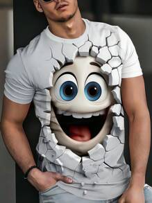 Men's Personalized T-Shirt, Unique 3D Broken Wall Cute Expression Print, Summer Round Neck Short Sleeve White Top - Black - View 1