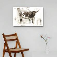 Framed Canvas Animal Wall Art Modern Decorations Paintings & Prints Vintage Longhorn Brushstrokes Black & White Abstract Wall Hanging For Bedroom Office Kitchen Poster - 框架 - 查看 2