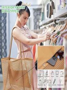 1pc Fashion Large Capacity Foldable Mesh Beach Tote Bag - Nylon Portable Storage Bag For Swimwear, Towels And Necessities, Great For Travel, Gym And Beach Day, Beach Accessories | Elegant Beach Bag | Woven Texture, Shoulder Bag Large Capacity Women Shopping Tote Beach Bag. Mother's Day Gift