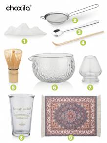 choxila 抹茶打蛋器套装、抹茶茶具、传统茶具、竹制抹茶打蛋器和茶勺、带壶嘴和茶勺架的玻璃抹茶碗、不锈钢筛子、陶瓷茶勺架、茶垫、用于制作薄茶、浓茶和抹茶拿铁的抹茶打蛋器套装 回到学校 - 抹茶套裝 - 查看 12