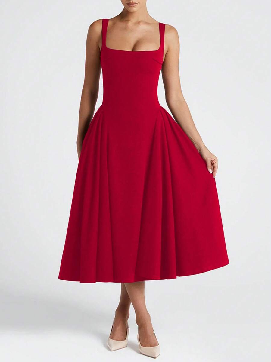 Square Neck Sleeveless Peplum Hem A-Line Dress, Minimalist & Fashionable For Summer - Burgundy - View 1