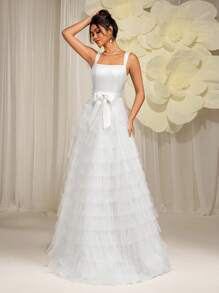 Everly L Elegant Solid Color Square Collar With Bowknot On The Front Hem Women's Tiered Mesh White Elegant Bridal Dress