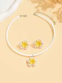 Conjunto de 3 peças/conjunto de colar e brincos com pingente de flor ombré de resina acrílica clássica da moda, colar de clavícula floral doce e fresco, adequado para uso diário feminino, resort, festa