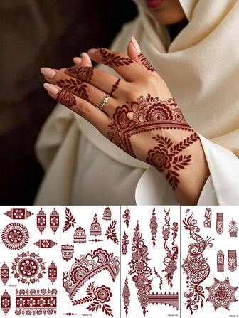 4st Brun, Röd, Kastanjeblommig Henna Hand Temporary Tattoo Stickers, Sexiga Finger Nail Flower Tatueringar för kvinnor, Vattentäta Henna Tatuering Stickers, Bruna Tatuering Stickers, Women Body Art, Bröllopsfest