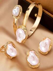4pcs/Set Luxury Faux Pearl Fashion Jewelry Set: Bracelet, Ring, Earrings For Women, Suitable For Wedding,Party,Mother's Day Gifts