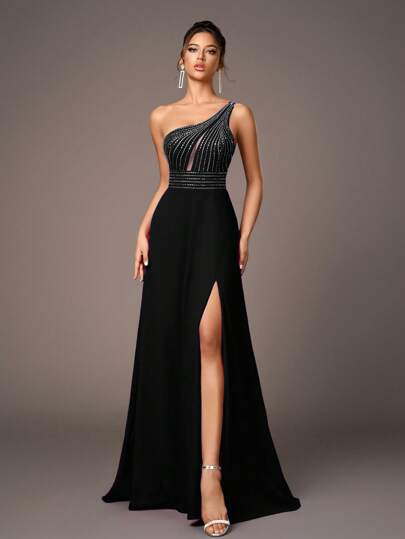 Vestido largo formal con cuello asimétrico con pedrería, espalda descubierta y abertura alta en la falda con lazo en la cintura, Vestido largo elegante y de lujo de AOSHABABI de color negro ajustado con abertura, adecuado para toda ocasión formal como galas, festivales de música, bodas, fiestas, bailes de graduación y damas de honor, vestido de fiesta, para eventos de noche y como invitada de boda