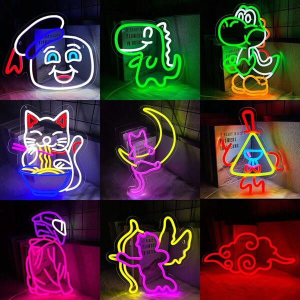Anime Series Neon Signs Decorative Lights, Including Dinosaur / Lucky Cat Eating Noodles / Anime Cat & Moon / Anime Character / Cupid / Anime Clouds, LED Neon Lights For Wall Decoration, Gaming Room Bedroom Atmosphere Decor, Suitable For Bedroom, Gaming Room, ESports Room, Man Cave, Bar, Club, Birthday Gift, USB Powered, Safe & Energy-Saving, No Heating, Hanging Chain Included, Easy Installation