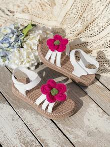 1 Pair Girls Floral Flat Sandals, Woven Flower Design Bohemian Style PU Material Soft & Comfortable Dual-Layer Sole, Lightweight & Suitable For 3-14 Years Old Girls, Outdoor, Party, Beach