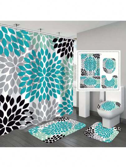 1 zestaw 4 zasłon łazienkowych z motywem liści, 12 haczyków w zestawie, antypoślizgowa mata łazienkowa, wygodna podkładka pod sedes w kształcie litery U, nakładka na deskę sedesową, wystrój łazienki, wystrój świąteczny