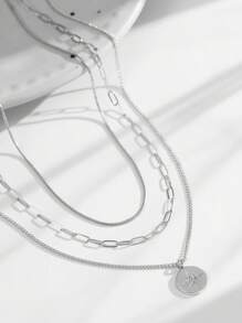 3 Stück/Set Edelstahl Schlangenknochen Kette mit quadratischer Büroklammer Mehrschicht Tragedesign, runder Sonnenblumen Cubic Zirkonia Anhänger, geeignet für den täglichen Gebrauch von Frauen (zufälliger Kettenverschluss & Perlenanzahl)