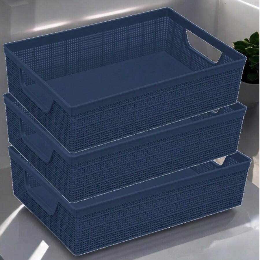 Kit 3 Stackable Plastic Organizer Baskets 2 Liters Kitchen Bathroom Kitchen - Azul marino 3 - Ver 1