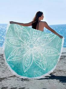 1pc Bohemian Geometric Mandala Print Round Beach Towel, Made Of Polyester Microfiber With Tassels, Multi-Purpose Sun Protection, Picnic Mat, Sofa Cover And Outdoor Decor