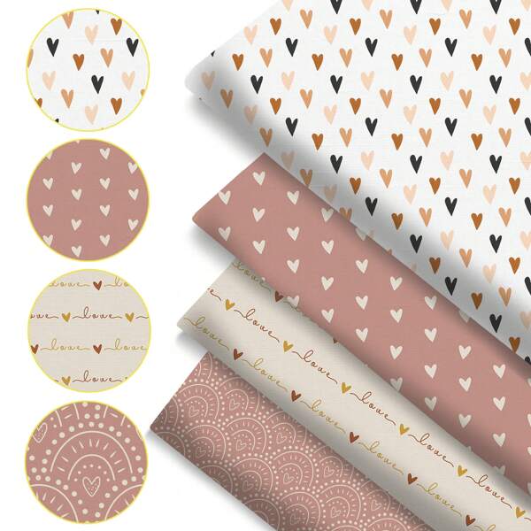 4 pièces/set 50x45 cm (19,68 x 17,7 pouces) Imprimé cœur amour Saint-Valentin Pré-découpé Ensemble de tissus pour courtepointe, carrés de tissus de courtepointe en polyester pour patchwork, projets d'artisanat DIY, fabrication de portefeuilles DIY
