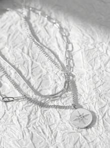 3 Stück/Set Edelstahl Schlangenknochen Kette mit quadratischer Büroklammer Mehrschicht Tragedesign, runder Sonnenblumen Cubic Zirkonia Anhänger, geeignet für den täglichen Gebrauch von Frauen (zufälliger Kettenverschluss & Perlenanzahl)