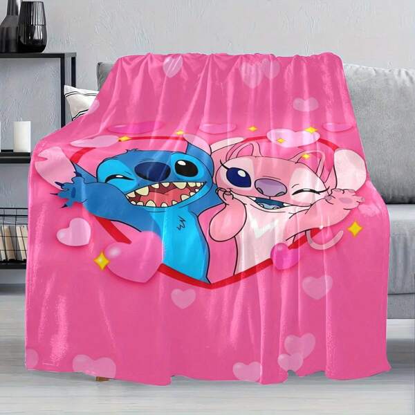 1 pièce Couverture polaire Stitch et Lilo pour la Saint-Valentin - super douce, légère, rose avec imprimé de cœur et de dessin animé, parfaite pour la maison, les voyages, le canapé ou le lit, cadeau douillet pour toutes les saisons