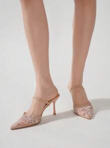 Women's Breathable Embroidered Mesh Black High Heels, Fashionable Pearl Embossed Mesh Design Apricot High Heels, Suitable For Wedding, Prom, Sexy Party, Mother's Day