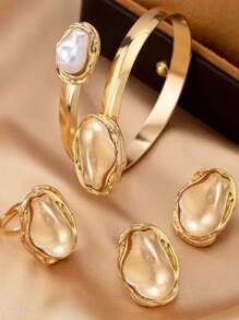 4pcs/Set Luxury Faux Pearl Fashion Jewelry Set: Bracelet, Ring, Earrings For Women, Suitable For Wedding,Party,Mother's Day Gifts
