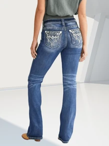 Women's Jeans Feather Flower Embroidery Mid Rise Stretchy Bootcut Slim Wide Leg Pants  Bootcut Jeans For Women Embroidered Mid Rise Curvy Jeans Stretchy Tummy Control Flare Denim Pants With Pockets - Blue - View 5