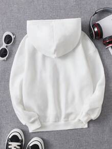 ¡Nuevo para la primavera! Sudadera con letras artísticas, estampado creativo de papas fritas, hamburguesas y pizza en la espalda, sudadera para niño, algodón, blanca, hombros caídos, cómoda, sudadera casual de gran tamaño con curvas, sudadera con cordón versátil para primavera y otoño, ropa informal holgada para salir a la calle, estilo universitario, ropa para niños, drapeada con algodón, suave, transpirable, top de manga larga