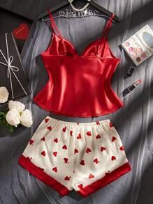 Conjunto de pijama sexy para mujer con top de tirantes con nudo delantero de unicolor y shorts con estampado de corazones, para Navidad - Rojo y blanco - Ver 4