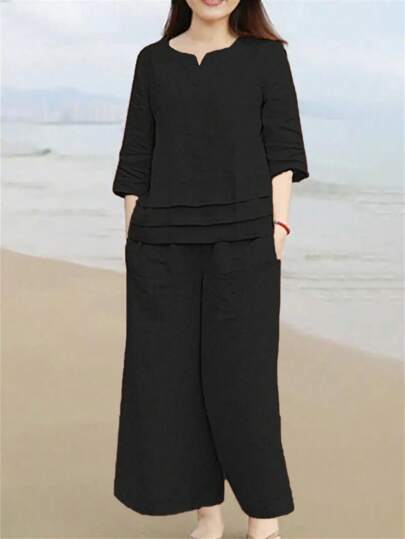 Damen Einfarbiges V-Ausschnitt Mittellang Ärmel Figurbetontes Top und lange Hose Leinen 2-teiliges Lässig Set, Frühling/Sommer/Herbst