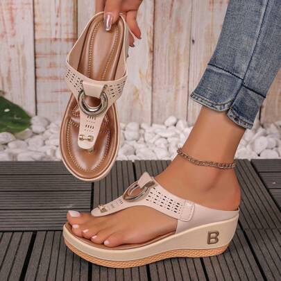 2024 Summer Plus Size Women Sandals, Thick Bottom Wedges Flip Flops Comfortable Non-Slip Open Toe Beach Shoes