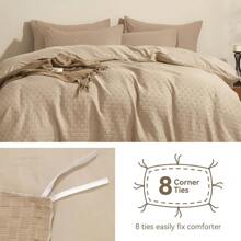 JELLYMONI Khaki Duvet Cover Queen Size - 3 Pieces Soft And Breathable Microfiber Knitted Jacquard Waffle Weave Striped Comforter Cover With 8 Corner Ties & Zipper Closure