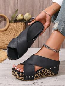 Sandal đế xuồng mùa hè dành cho nữ với quai chéo, họa tiết da báo, hở mũi, kiểu dáng thời trang thường ngày, phụ kiện cần thiết khi đi du lịch. - màu đen - Xem 2