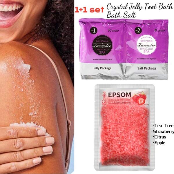 1+1 Set 80g/2.82oz Lavender Crystal Jelly SPA Foot Bath Salt + 80g/2.82oz Bath Salts Granule Soak Soaking Feet Clean Salt Crystal Mud Exfoliation Softening Keratin, Moisturizing Body Skin Care Essential Oil Added Tea Tree, Strawberry, Citrus, Green Apple , Lavender