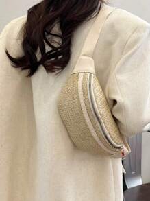 Jacquard Zipper Waist Bag, Crossbody Fanny Pack, Rattan Beach Waist Pouch - Khaki - View 2