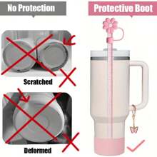 Set de 6 accesorios para taza de 40oz/30oz, incluye pajita con purpurina y cepillo, tapa con diseño de flor, bota de silicona, cadena con dije de mariposa, perfecto para deportes al aire libre, ideal como regalo para el Día de San Valentín, Día de la Madre y útiles escolares