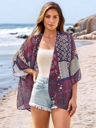 Women Summer Printed Kimono Top Beach Casual Vacation Wear Loose Cover Top