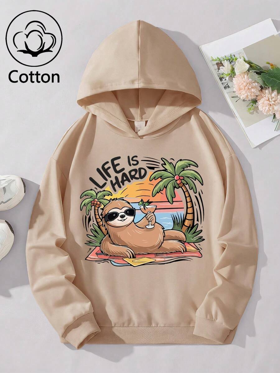 ¡Nuevo para la primavera! Sudadera con estampado de perezoso, cocotero y letras artísticas para niño, sudadera de algodón color albaricoque, sudadera cómoda con hombros caídos, sudadera informal de gran tamaño con curvas, sudadera con cordón versátil para primavera y otoño, ropa informal holgada para salir a la calle, estilo universitario, ropa para niños, drapeada con algodón, suave y transpirable, top de manga larga