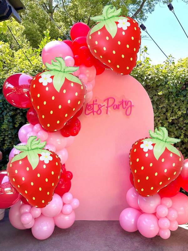 4pcs Cute Strawberry Foil Balloons, Suitable For Strawberry Themed Parties, Birthday Decorations, Weddings, Bridal Showers, Anniversaries, Fruit Theme Party Decorations