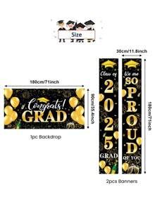 El juego de decoración para fiesta de graduación en negro y dorado incluye 1 telón de fondo grande de felicitaciones y 2 pancartas de la clase de 2025 "Estamos muy orgullosos de ti". - 3 piezas - Ver 4
