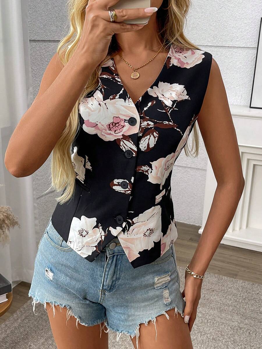 Damen bedruckte Weste, lässige vielseitige Weste, elegant für Büro und Alltag