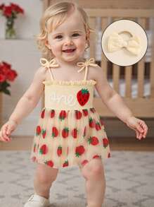 Baby Girl First Birthday Outfit Summer Sleeveless Smocked Fairy Berry One Romper Tulle Dress Baby Girl 1st Birthday Clothes One Year Old Tulle Romper Sleeveless Bodysuit Cake Smash Outfits + Headband - 米色 - 查看 2