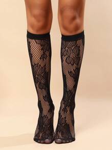 女士中筒袜，蕾丝镂空过膝袜，独特设计，Y2K风格，舒适 - 黑色 - 查看 5