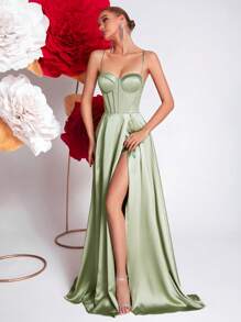 Elisanya Solid Color High Waist Backless Cross Strap Party Gown, Party Dress, Wedding Guest Dress, Formal Dress, Evening Dress - Green - View 7