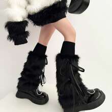 Women's Faux Fur Leg Warmers Ribbed Top Leg Warmers Boot Covers Carnival Costume Accessory - Black - View 3