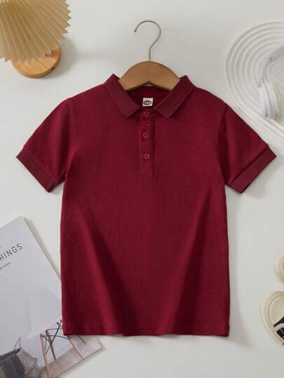 Unisex Kids' Solid Color Polo Shirt, Short Sleeve Lightweight Semi-Sheer T-Shirt Top, Fitted Comfortable Pure Cotton T-Shirt With Collegiate Style, Minimalist And Elegant For Outings, Gatherings And Travel